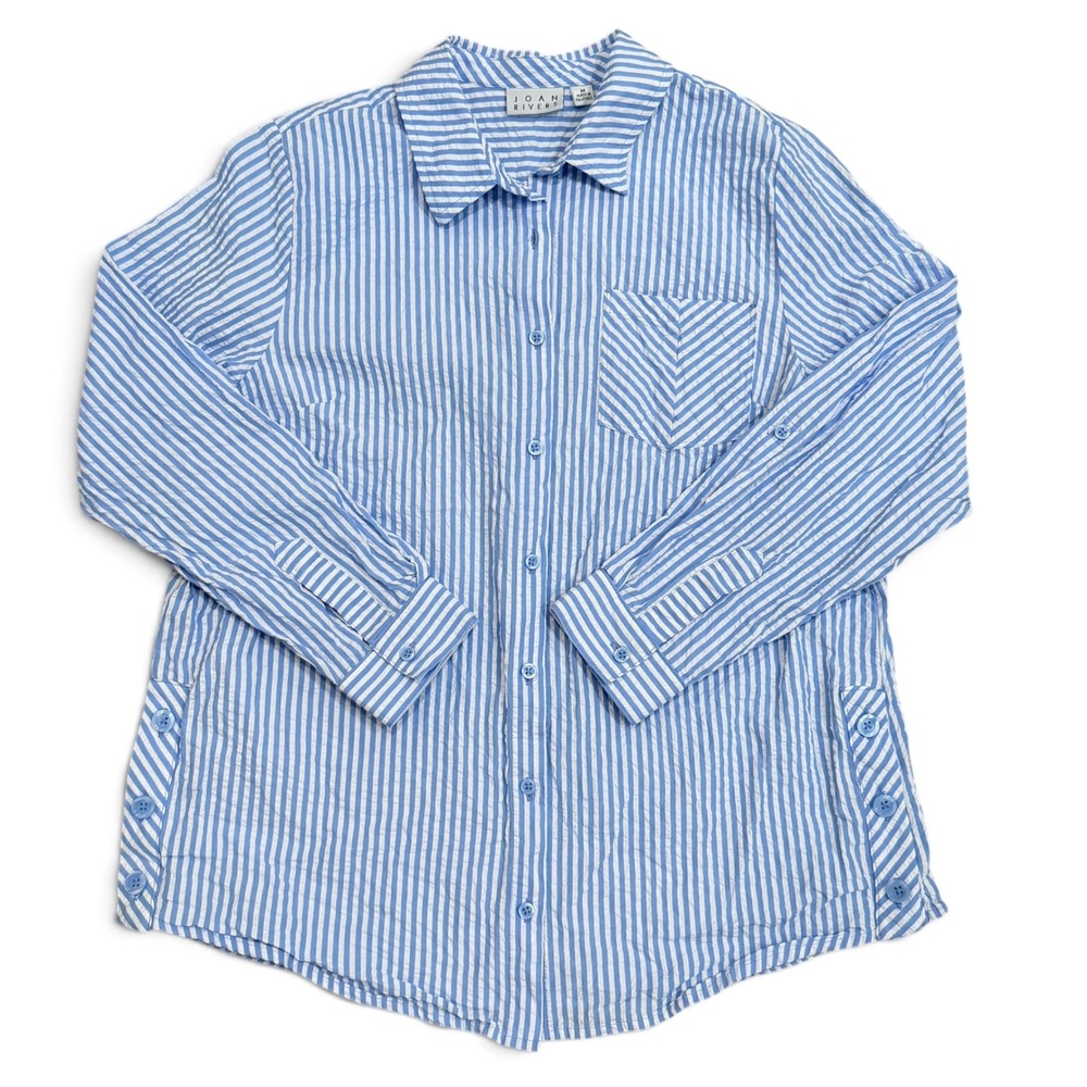 Joan Rivers Button Down Shirt Seersucker Blue White Striped Roll Tab Sleeve Med